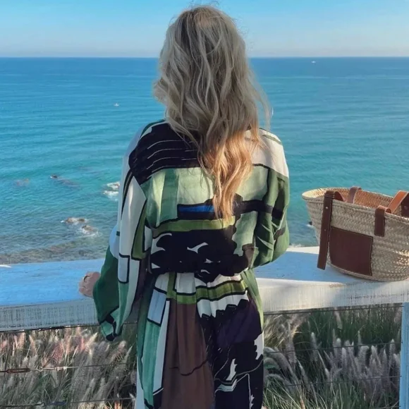 ZARA Green printed tunic kaftan belted mididress - Picture 7 of 8